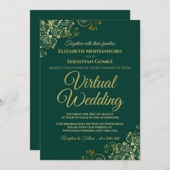 gold frills emerald green elegant virtual wedding invitation