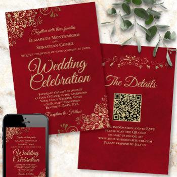 gold frills on crimson red elegant qr code wedding invitation