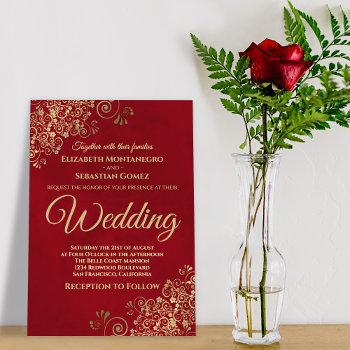 gold frills simple chic elegant red wedding invitation