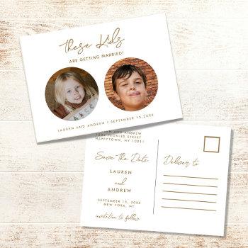 Small Gold Funny Kids Photo Script Wedding Save The Date Announcement Post Front View