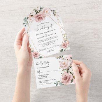 gold geometric and dusty rose pink floral wedding all in one invitation