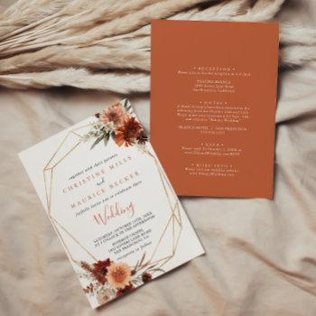 gold geometric boho floral front & back wedding invitation