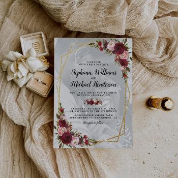 gold geometric burgundy floral photo wedding invitation