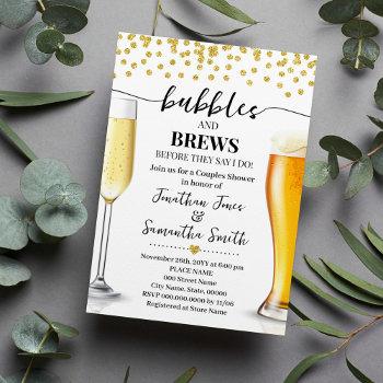 gold glitter bubbles and brews wedding shower invitation