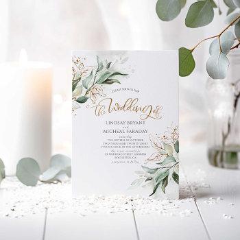 gold glitter eucalyptus greenery elegant wedding invitation