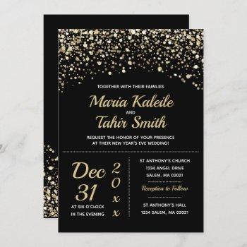 gold glitter new year's eve wedding invitation