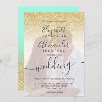 gold glitter ombre mint script photo wedding invitation