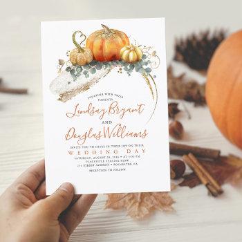 gold glitter orange pumpkins elegant fall wedding invitation