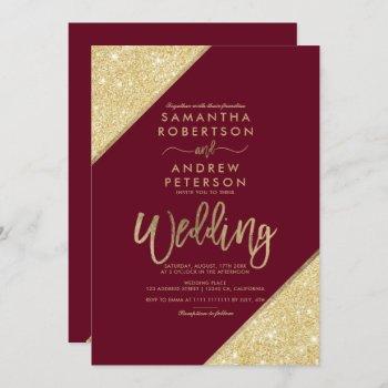 gold glitter stripe typography marsala red wedding invitation