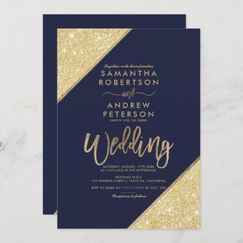 gold glitter stripes typography navy blue wedding invitation