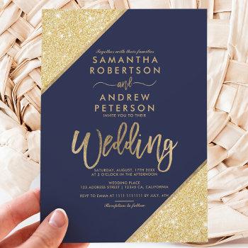 Small Gold Glitter Stripes Typography Navy Blue Wedding Front View