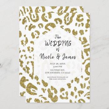 gold glitter white cheetah leopard chic wedding invitation