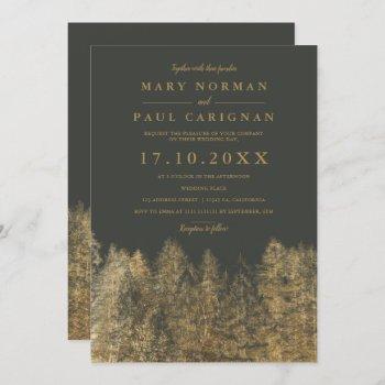 gold gray fall winter pine trees forest wedding invitation