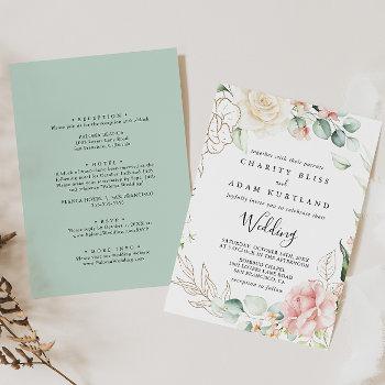 gold green foliage floral front & back wedding invitation