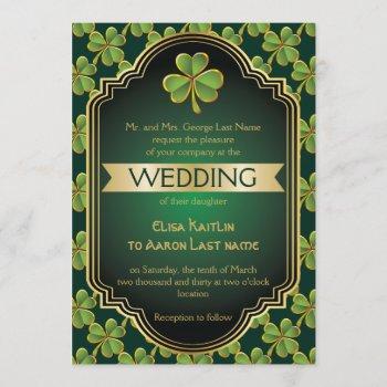 gold, green irish clover and frame wedding invitation