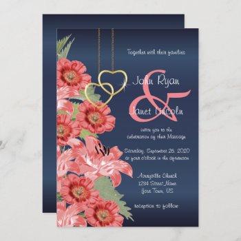gold heart and coral flowers wedding invitations