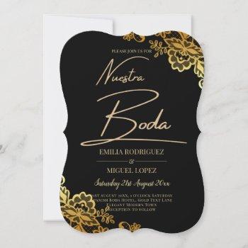 gold lace black nuestra boda spanish wedding invitation