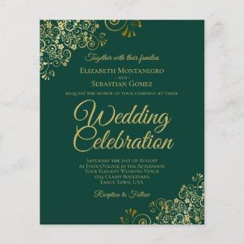 gold lace budget emerald green wedding invitation