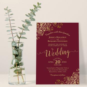gold lace elegant maroon burgundy wedding invitation