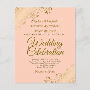 gold lace elegant peach budget wedding invitation