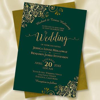 gold lace on emerald green elegant formal wedding invitation