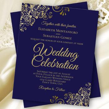 gold lace on navy blue budget wedding invitation