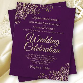 gold lace on plum purple budget wedding invitation