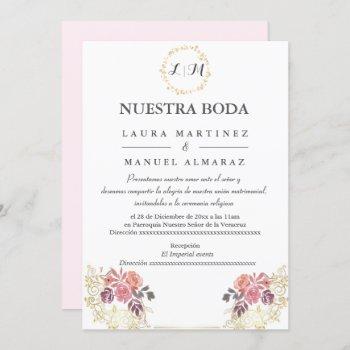 gold lavenderblush floral wedding spanish invitation