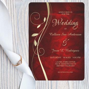 gold leaf swirl deep red wedding invitation