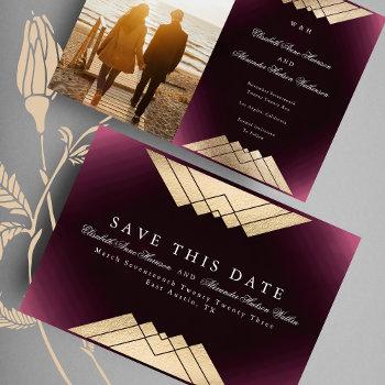 Small Gold Maroon Geometric Gatsby Foil Save The Date Announcement Front View