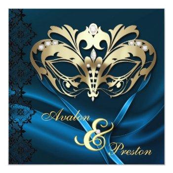 Small Gold Masquerade Blue Jeweled Wedding Front View
