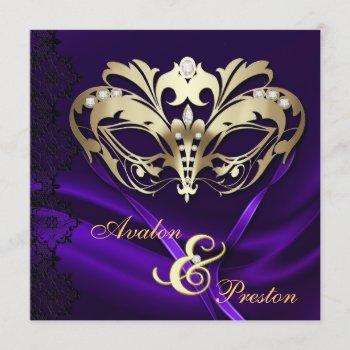 gold masquerade purple jeweled wedding invitation