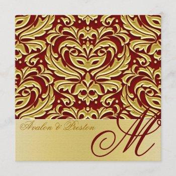 gold metal monogram damask wedding invitation