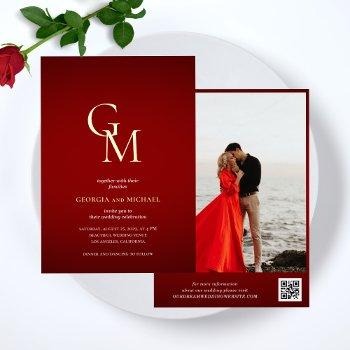 gold monogram crimson red photo qr code wedding foil invitation