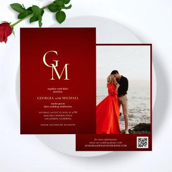gold monogram dark red moody photo qr code wedding foil invitation