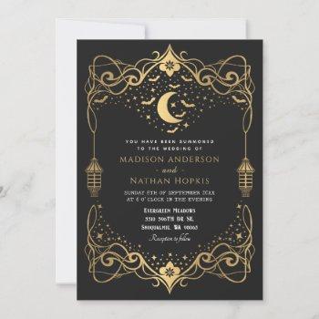 gold moon gothic bats lantern wedding  invitation