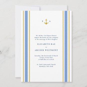 gold n navy blue nautical stripes coastal wedding invitation
