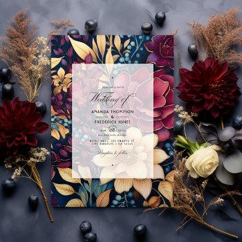 gold, navy blue, and burgundy floral wedding invitation