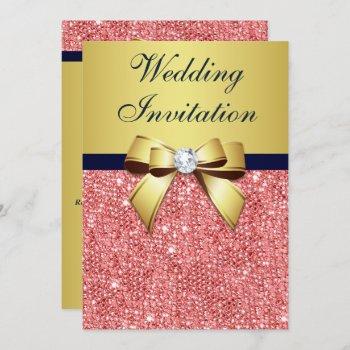 gold navy coral sequins diamonds bow wedding invitation