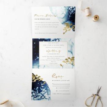 gold navy underwater sea fish watercolor wedding t tri-fold invitation