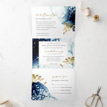 gold navy underwater sea fish watercolor wedding tri-fold invitation