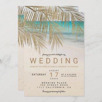 gold palm leaf beach photo destination wedding invitation