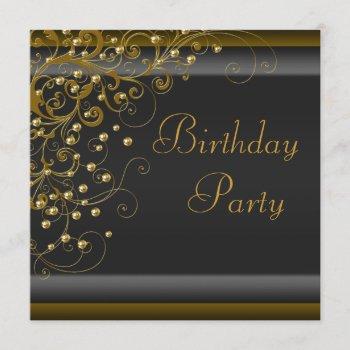 gold pearl swirl womans black gold birthday party invitation