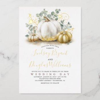gold pumpkins and eucalyptus greenery fall wedding foil invitation