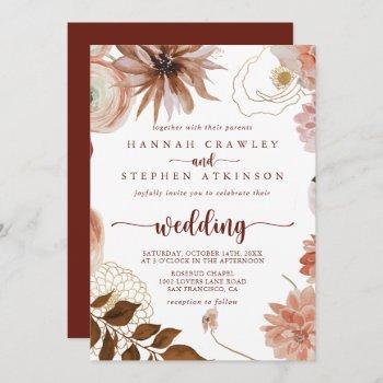 gold rustic colorful floral front & back wedding  invitation