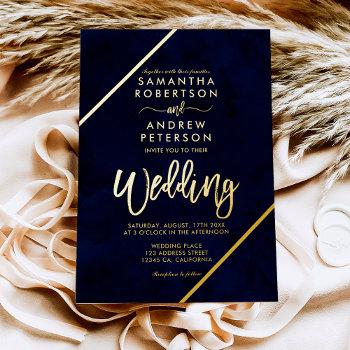 gold script stripes navy blue watercolor wedding foil invitation