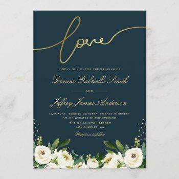 Small Gold Script White Garden Floral Navy Wedding Front View