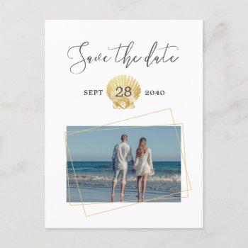 gold seashell simple modern beach wedding announcement postcard