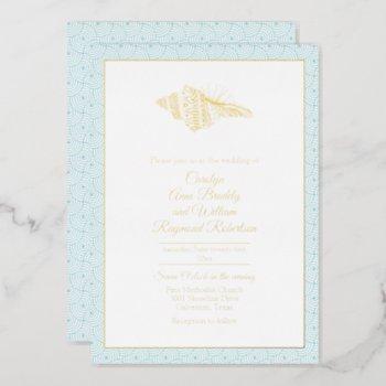 gold seashell with aqua frame wedding foil invitation