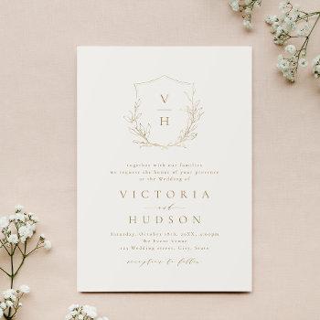 Small Gold Simple Botanical Crest Monogram Wedding Front View